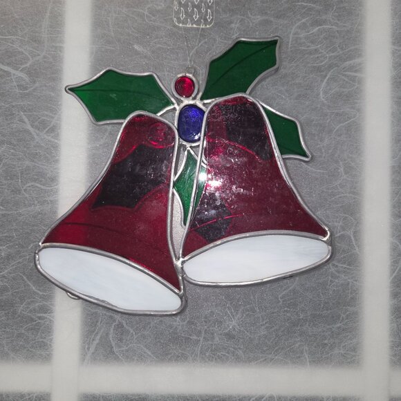 Stained Glass Christmas Bells Holly Sun Catcher 6" Window Ornament Metal Heavy H - Picture 2 of 4